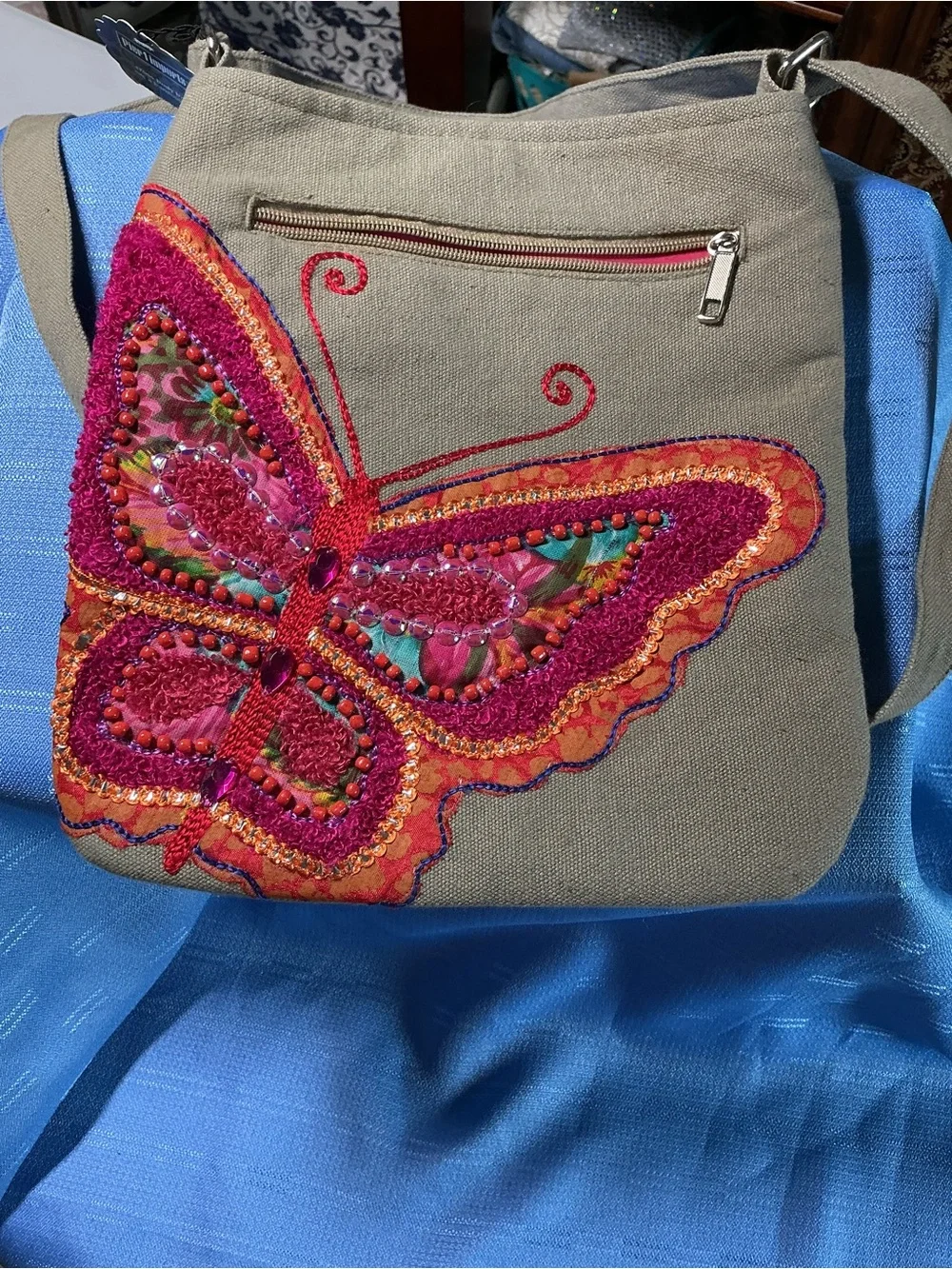 Pier 1 Butterfly Embroidered Crossbody Bag - Beige with Pink & Orange Accents